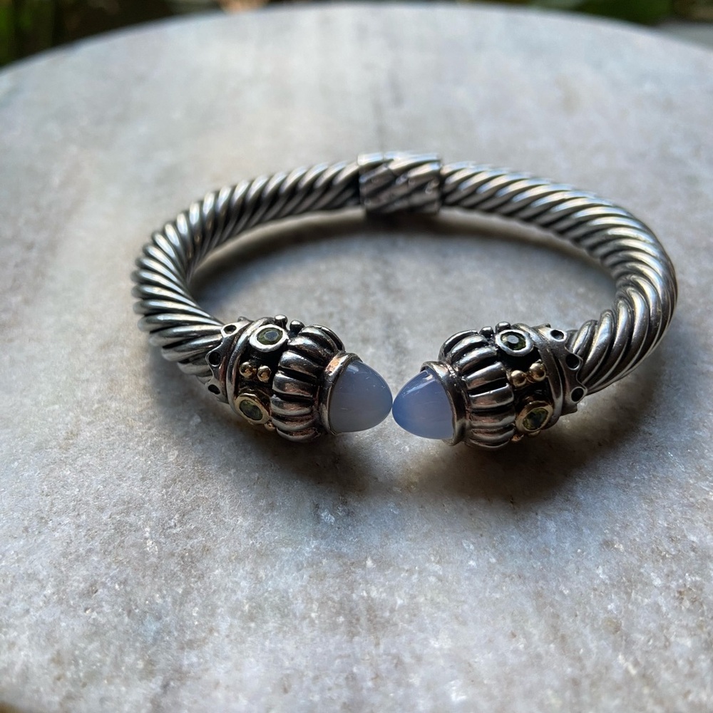 Silver and Blue Twisted Bracelet with Decorative Ends